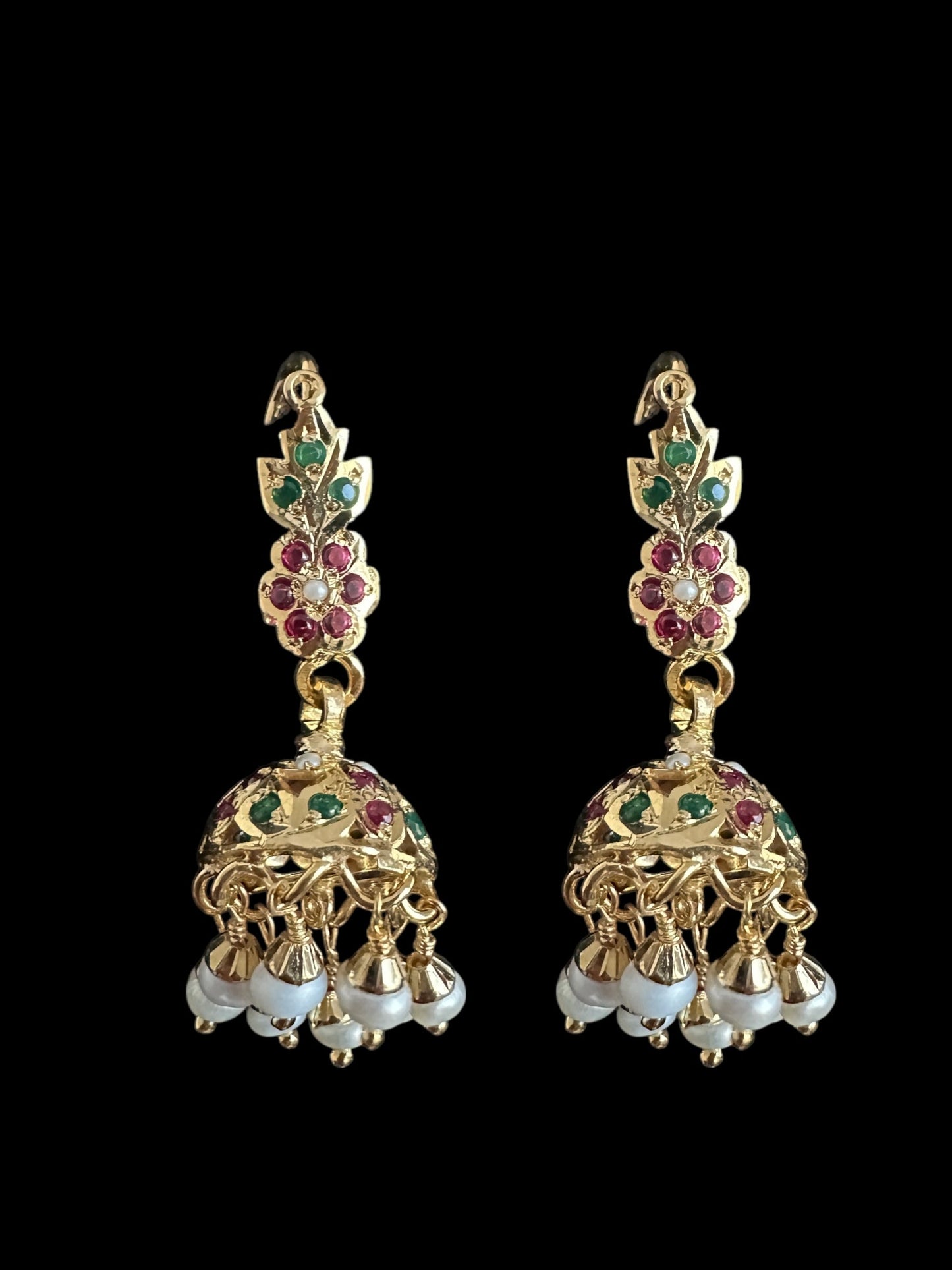Light weight jhumka earrings in gold plated silver - ruby emerlad ( SHIPS IN 5 WEEKS )