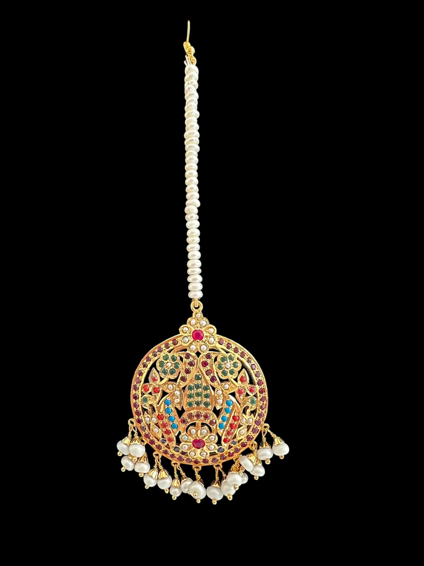 Navratan tika in silver with fresh water pearls - gold plated ( READY TO SHIP )