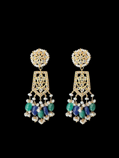 DER598 Indu earrings with fresh water pearls and emerald sapphire beads ( SHIPS IN 2 WEEKS )