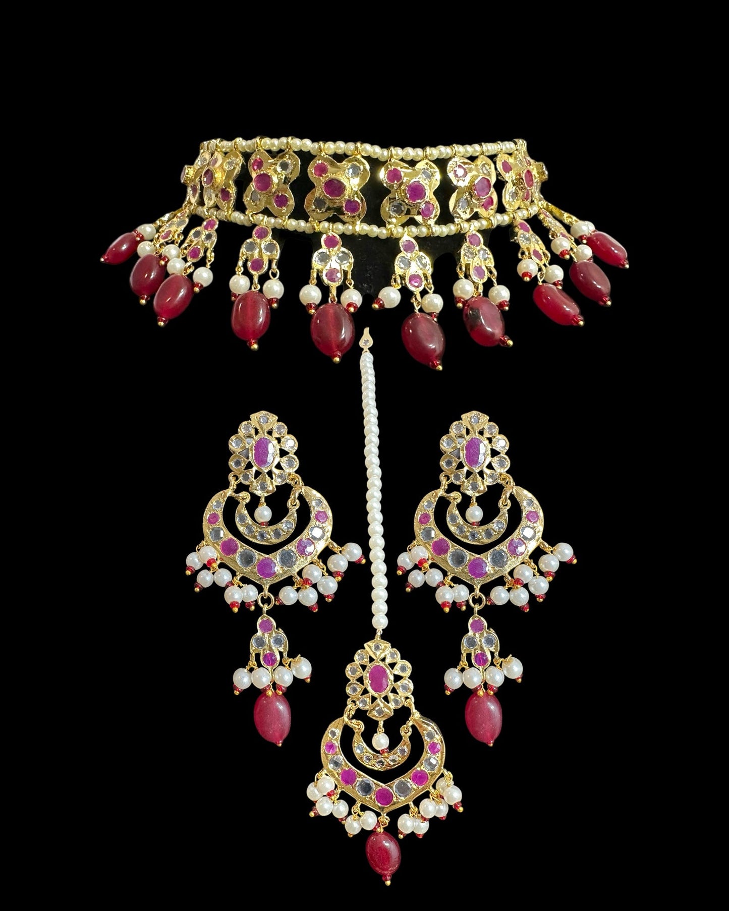 C560 Mahira choker with chandbali and tika in red beads ( READY TO SHIP )