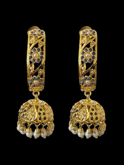 DER805 Jadau jhumka/hoop earrings in sapphire pearl combination ( SHIPS IN 3 WEEKS )