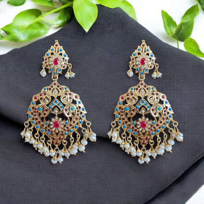 ESMA Turquoise , pearl and ruby earrings in silver gold plated ( READY TO SHIP )