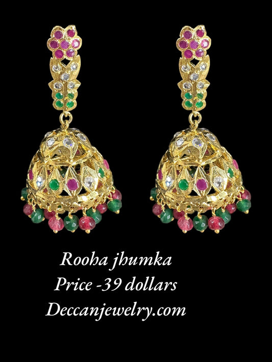 DER594 rooha jhumkas in ruby emerald / red green  ( READY TO SHIP)