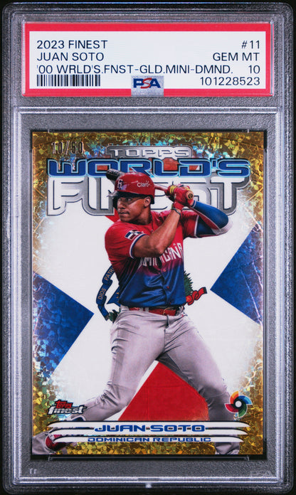 Graded 2023 Topps Finest Juan Soto #11 '00 Worlds Finest Gold Mini Diamond #/50 Baseball Card PSA 10 Gem Mint