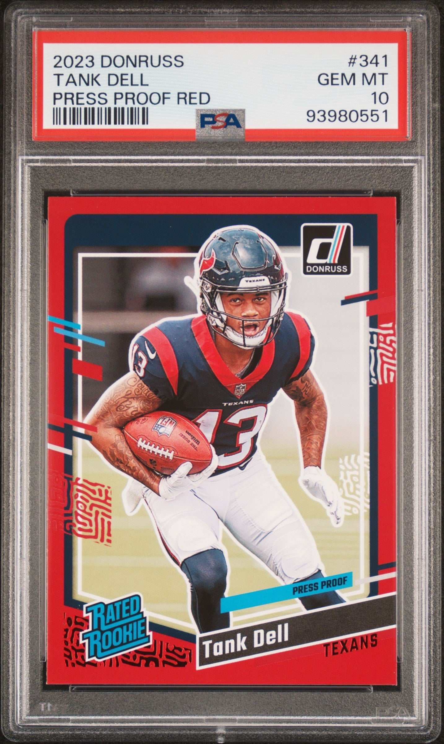 Graded 2023 Panini Donruss Tank Dell #341 Press Proof Red Rookie RC Football Card PSA 10 Gem Mint