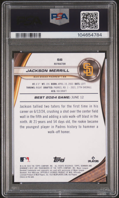 Graded 2024 Topps Bowmans Best Jackson Merrill #56 Refractor Rookie RC Baseball Card PSA 10 Gem Mint