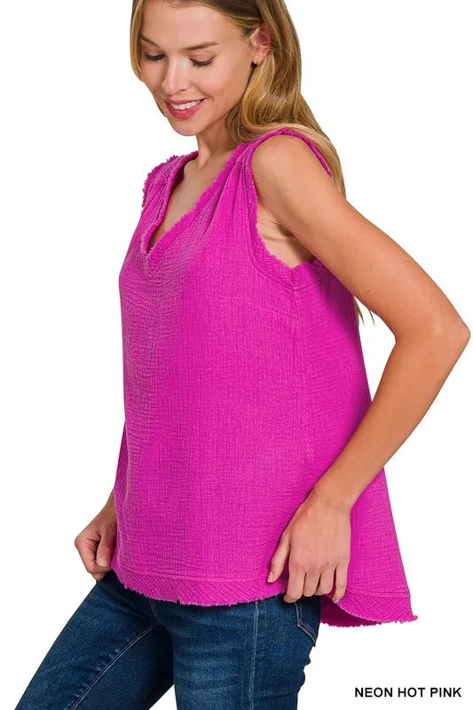 Zenana Double Gauze Raw Edge V-Neck Tank
