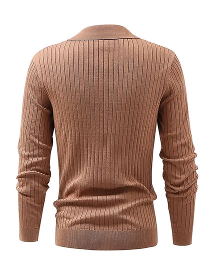 Textured Long Sleeve Polo Shirt - Slim Fit Ribbed Knit Polyester