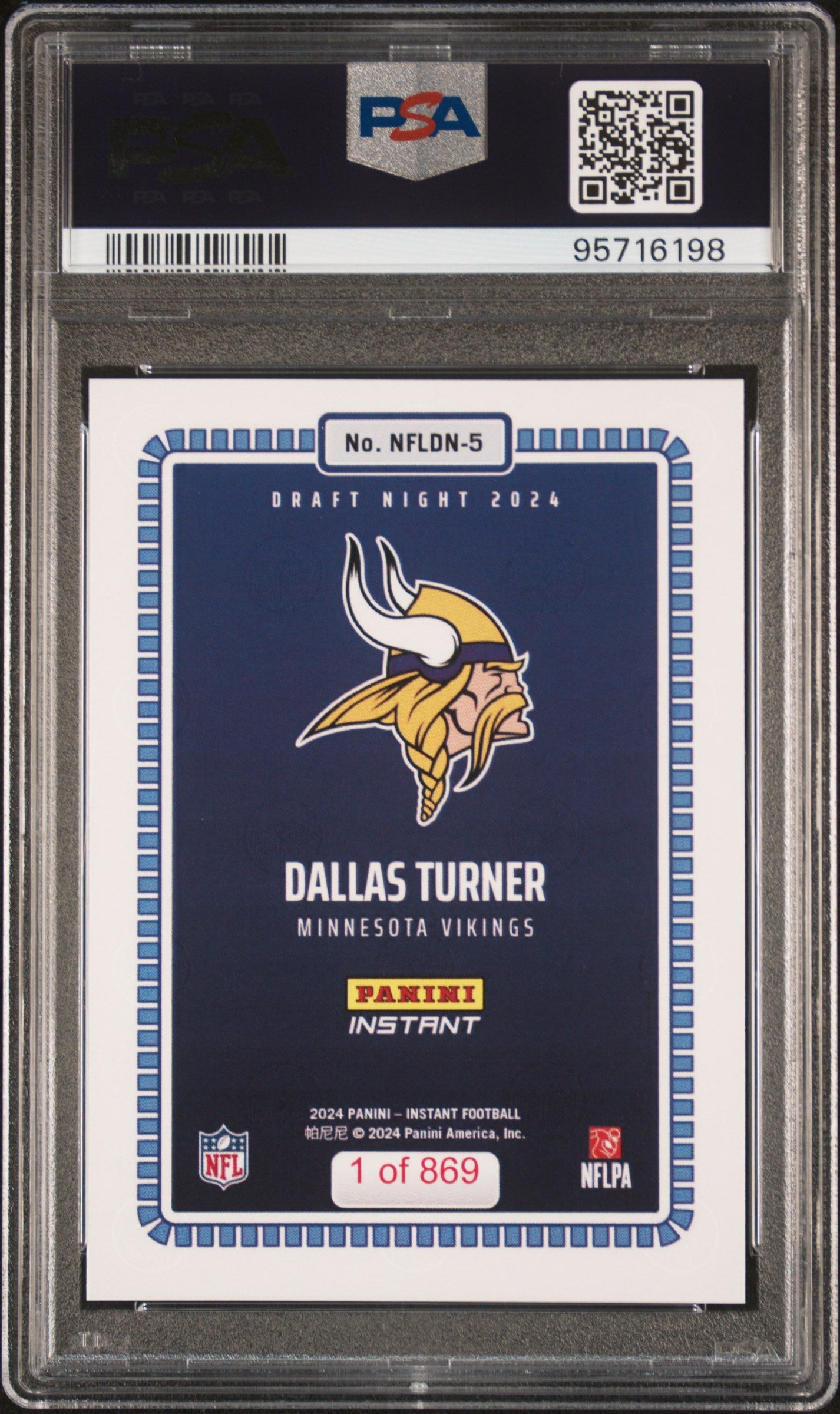 Graded 2024 Panini Instant NFL Dallas Turner #5 Draft Night Rookie RC Football Card PSA 10 Gem Mint