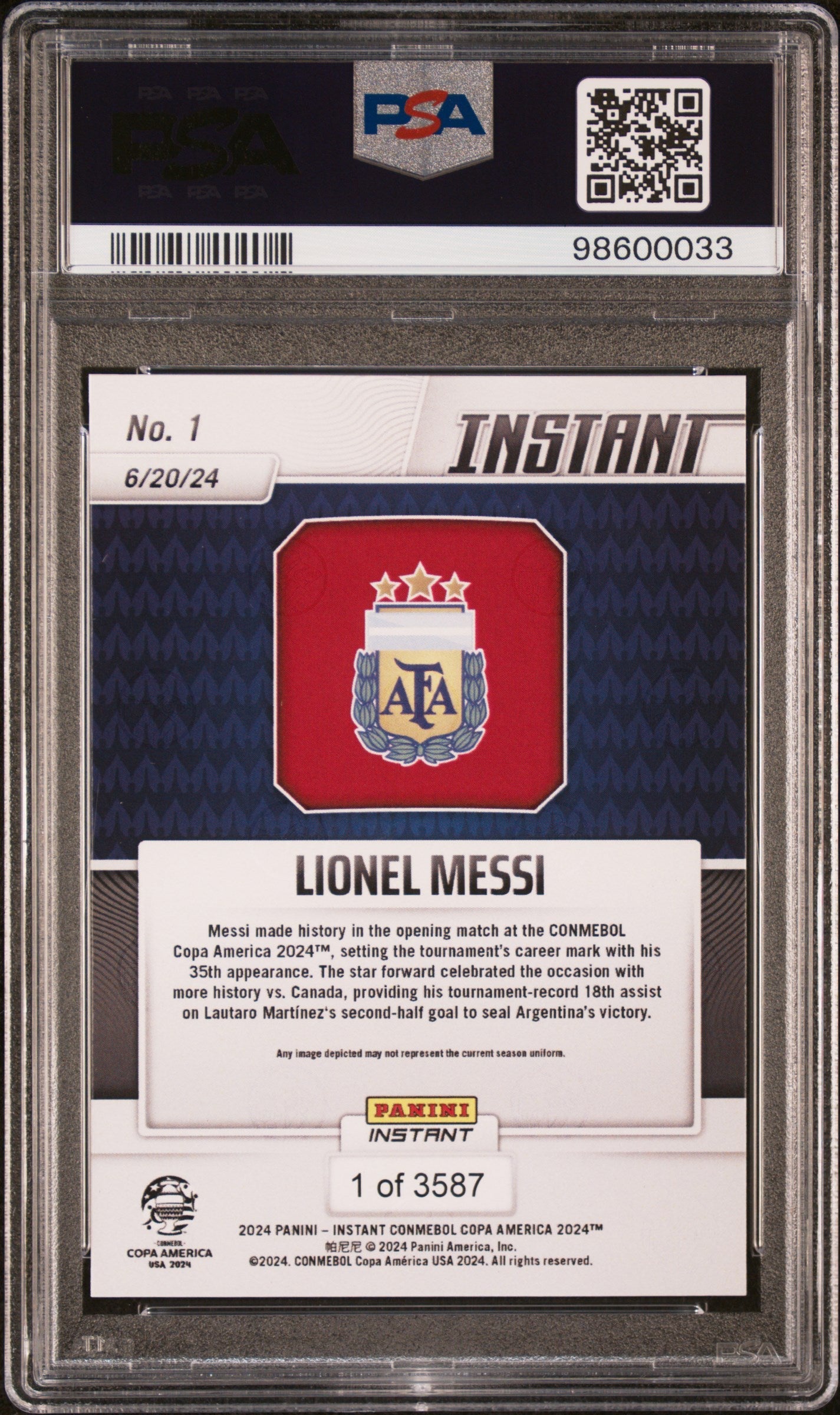 Graded 2024 Panini Instant Lionel Messi #1 Copa America Soccer Card PSA 9 Mint