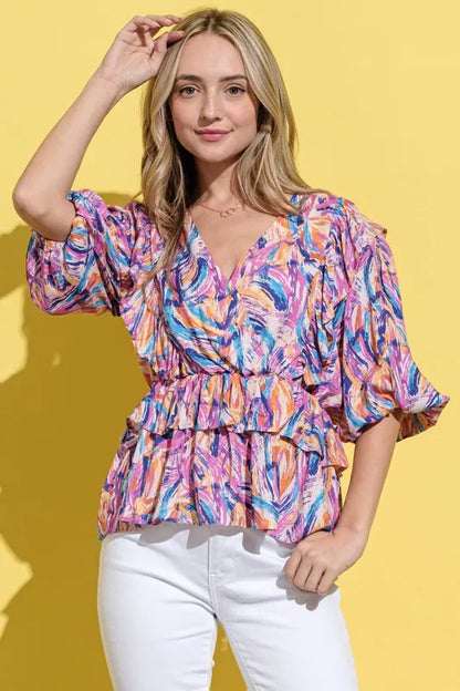And The Why Printed Lantern Sleeve Blouse