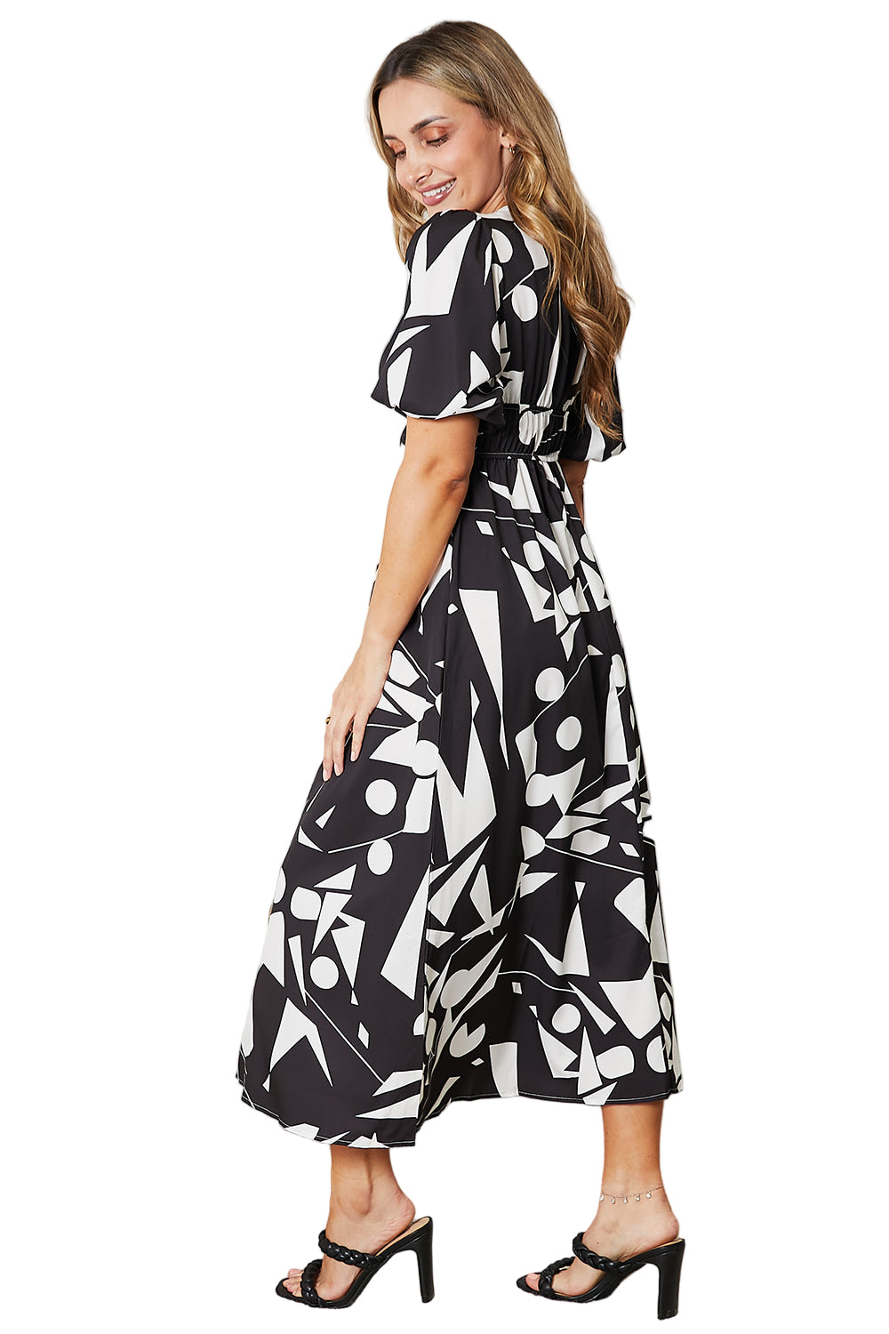 Printed Surplice Balloon Sleeve Dress