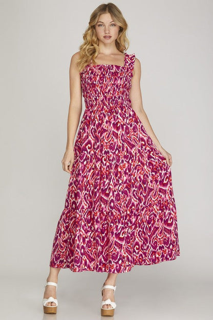 She Sky Full Size Smocked Printed Wide Strap Tiered Dress Plus Size