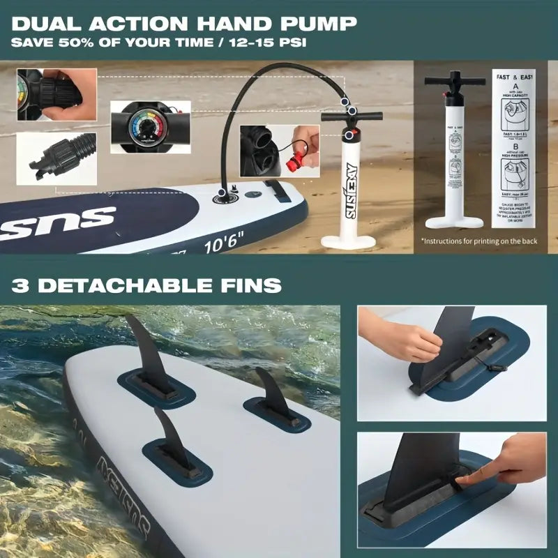 Adult inflatable upright paddleboard, 10.6ft inflatable yoga board, super surfboard with multiple accessories, multi-layer deck, travel backpack, wide upright position suitable for various scenarios, maximum weight capacity of 300 pounds.