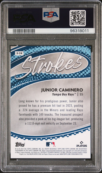Graded 2024 Topps Chrome Junior Caminero #S24 Strokes Rookie RC Baseball Card PSA 10 Gem Mint