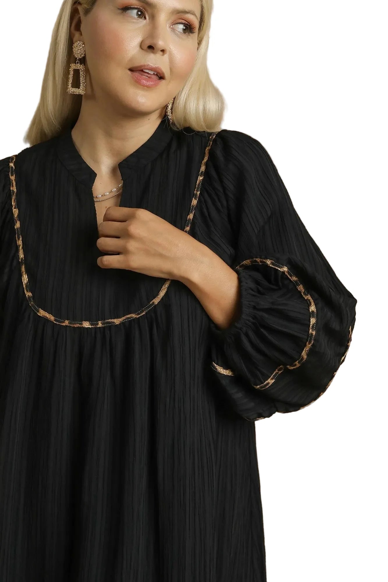 Full Size Textured Babydoll Dress with Leopard Trim Plus Size