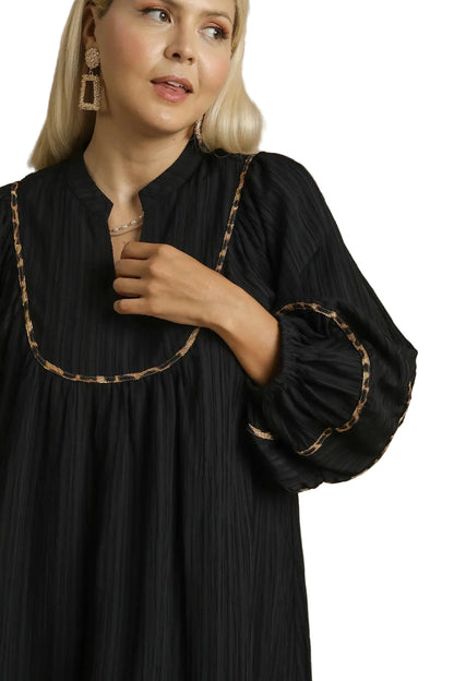 Full Size Textured Babydoll Dress with Leopard Trim Plus Size