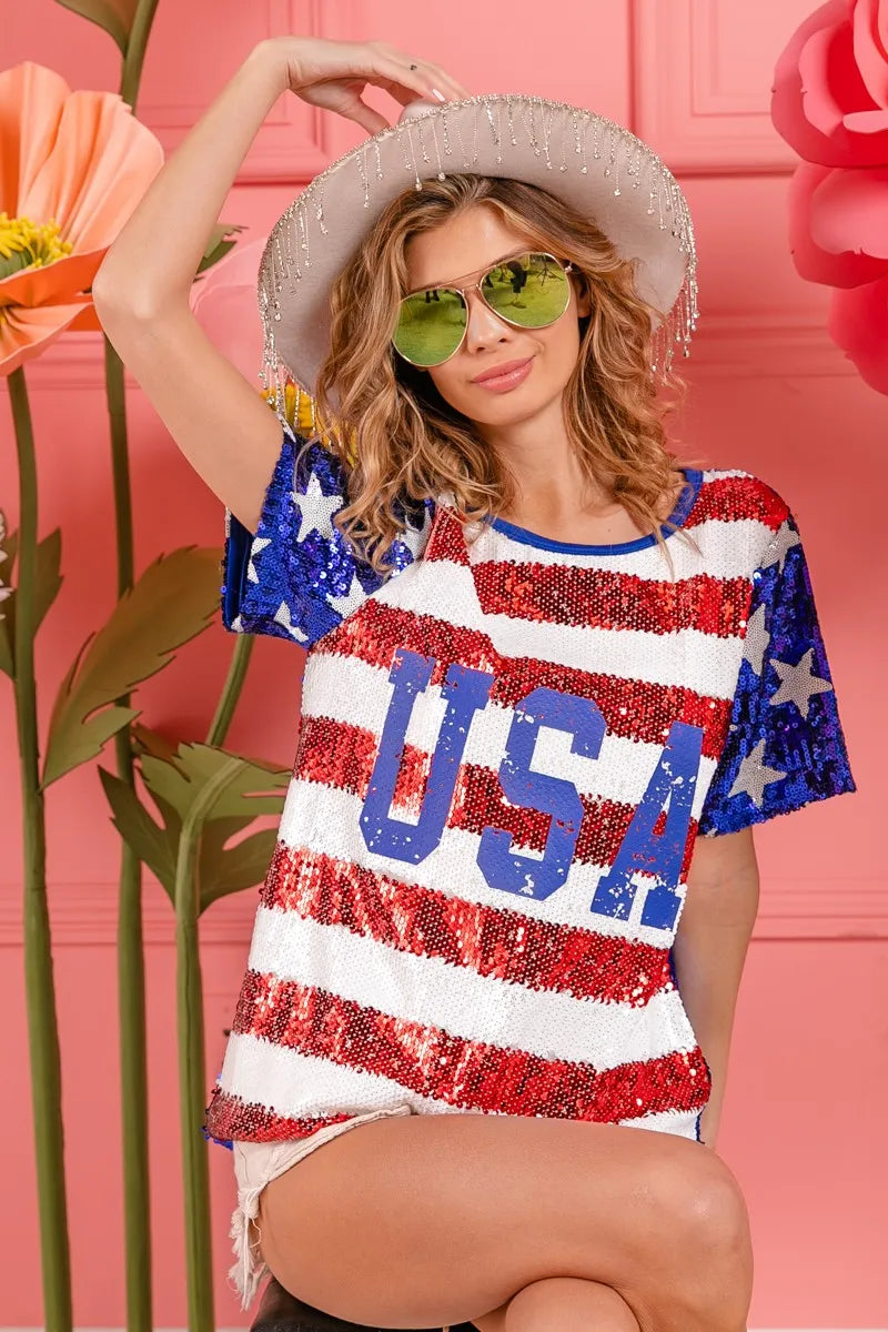 BiBi American Flag Theme USA Lettering Sequin Top