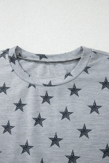 Star Print Tiered Ruffled Sleeve Crew Neck T Shirt