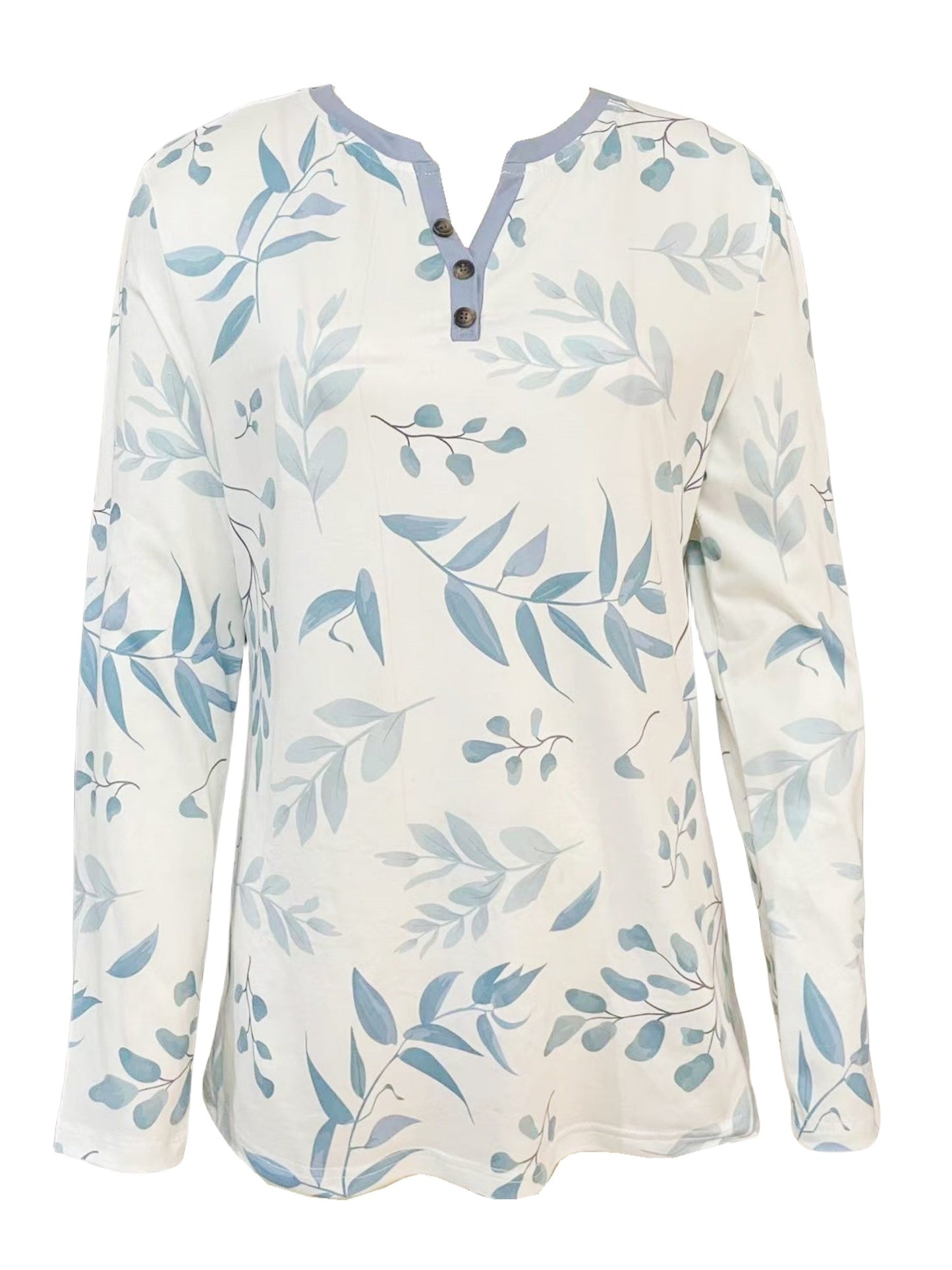 Botanical Leaf Print Button Front Long Sleeve Tee - Blue White