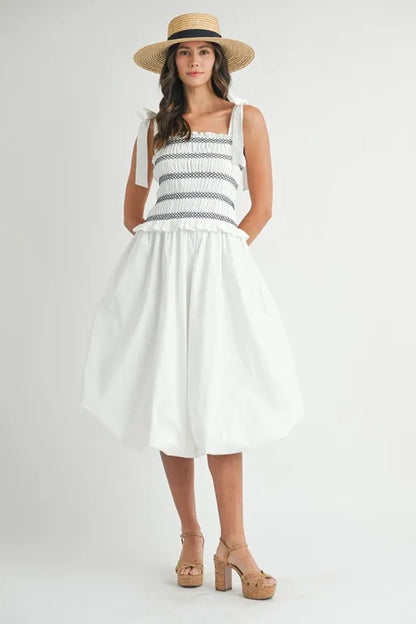 MABLE Smocked Bodice Bubble Midi Dress