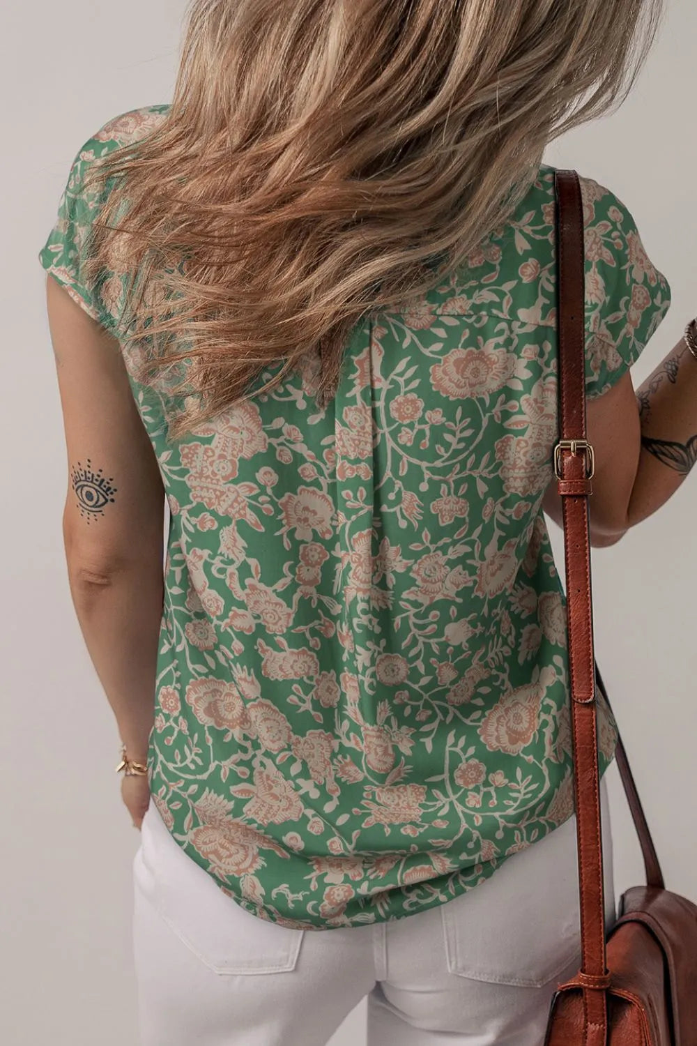 Printed Pleated Buttoned Notched Short Sleeve Blouse