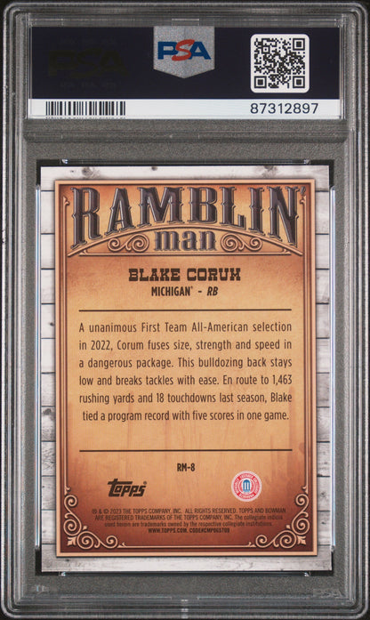 Graded 2023 Topps Bowman U Chrome Blake Corum #RM8 Ramblin Man Rookie RC Football Card PSA 10 Gem Mint