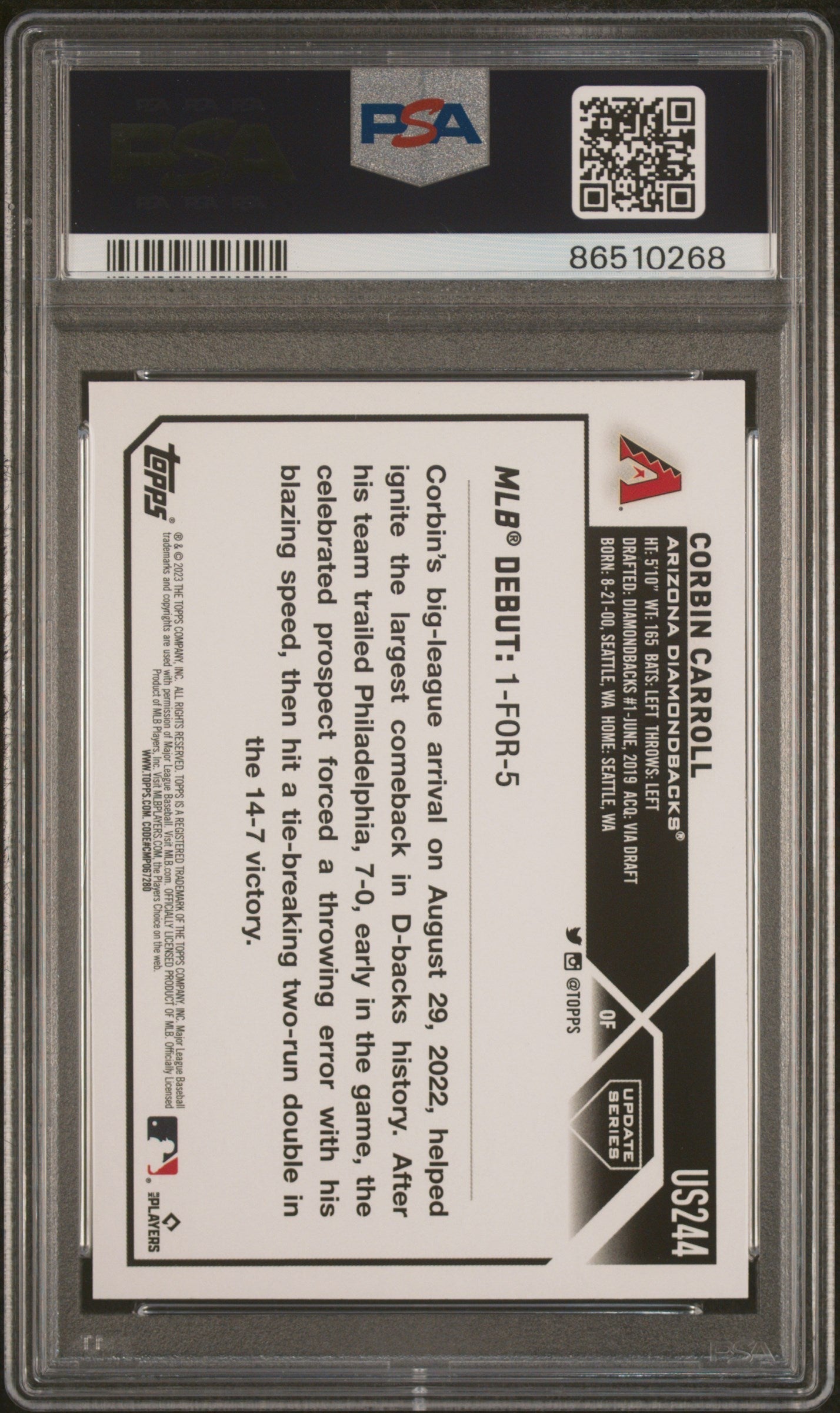 Graded 2023 Topps Update Corbin Carroll #US244 Rookie RC Baseball Card PSA 10 Gem Mint