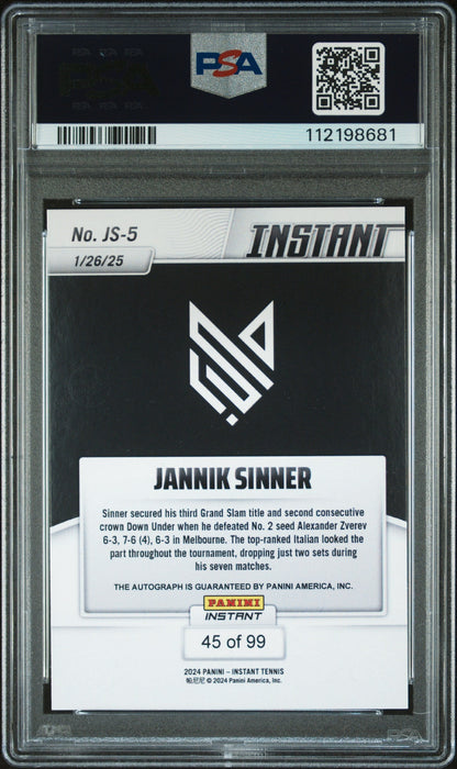 Graded 2024 Panini Instant Jannik Sinner #JS5 Autograph /99 Rookie RC Tennis Card PSA 9 Mint Auto Grade PSA 10 Gem Mint