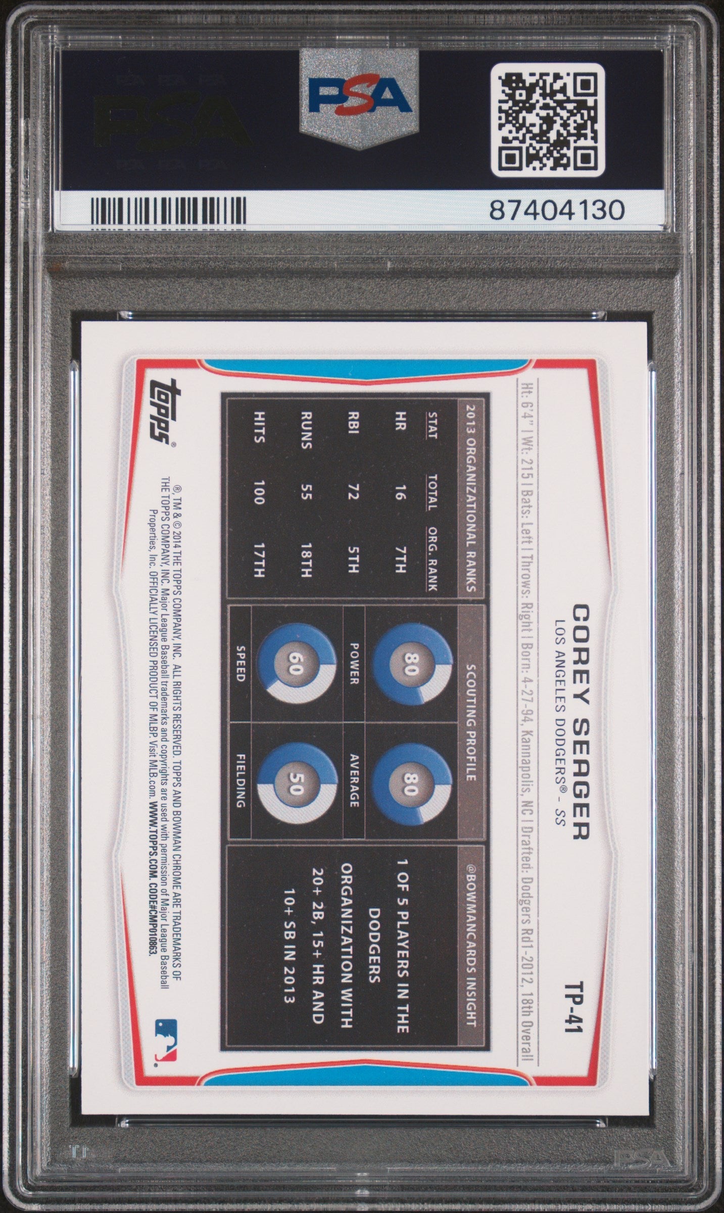 Graded 2014 Topps Bowman Draft Picks Corey Seager #TP41 Top Prospects Rookie RC Baseball Card PSA 10 Gem Mint