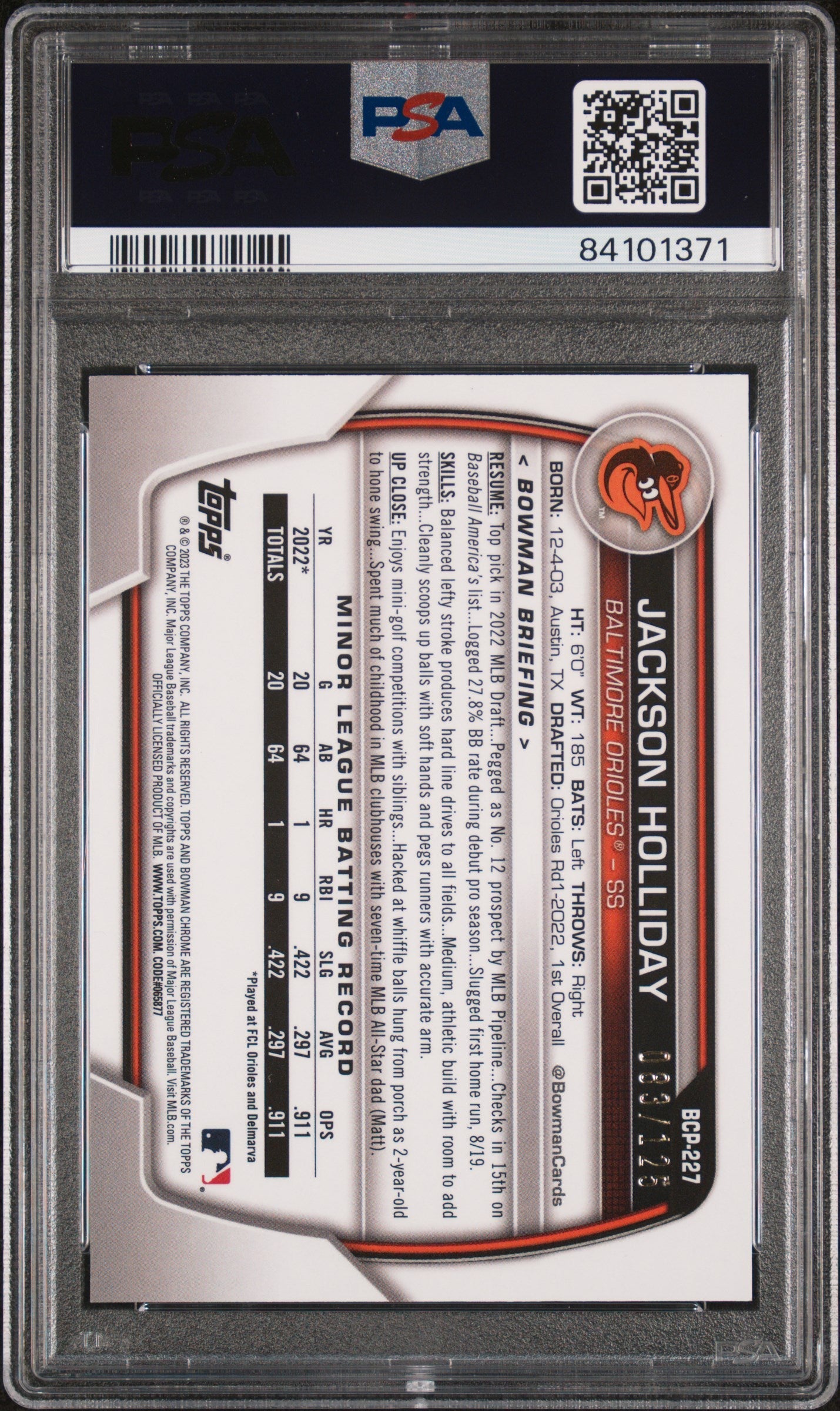 Graded 2023 Topps Bowman Chrome Jackson Holliday #BCP227 Prospects Aqua #/125 Rookie RC Baseball Card PSA 10 Gem Mint