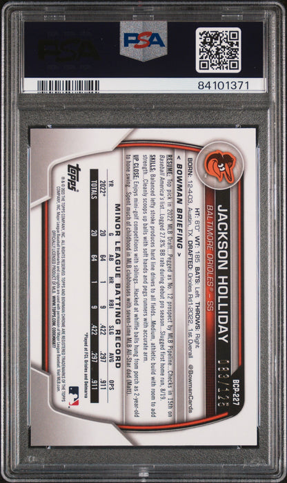 Graded 2023 Topps Bowman Chrome Jackson Holliday #BCP227 Prospects Aqua #/125 Rookie RC Baseball Card PSA 10 Gem Mint