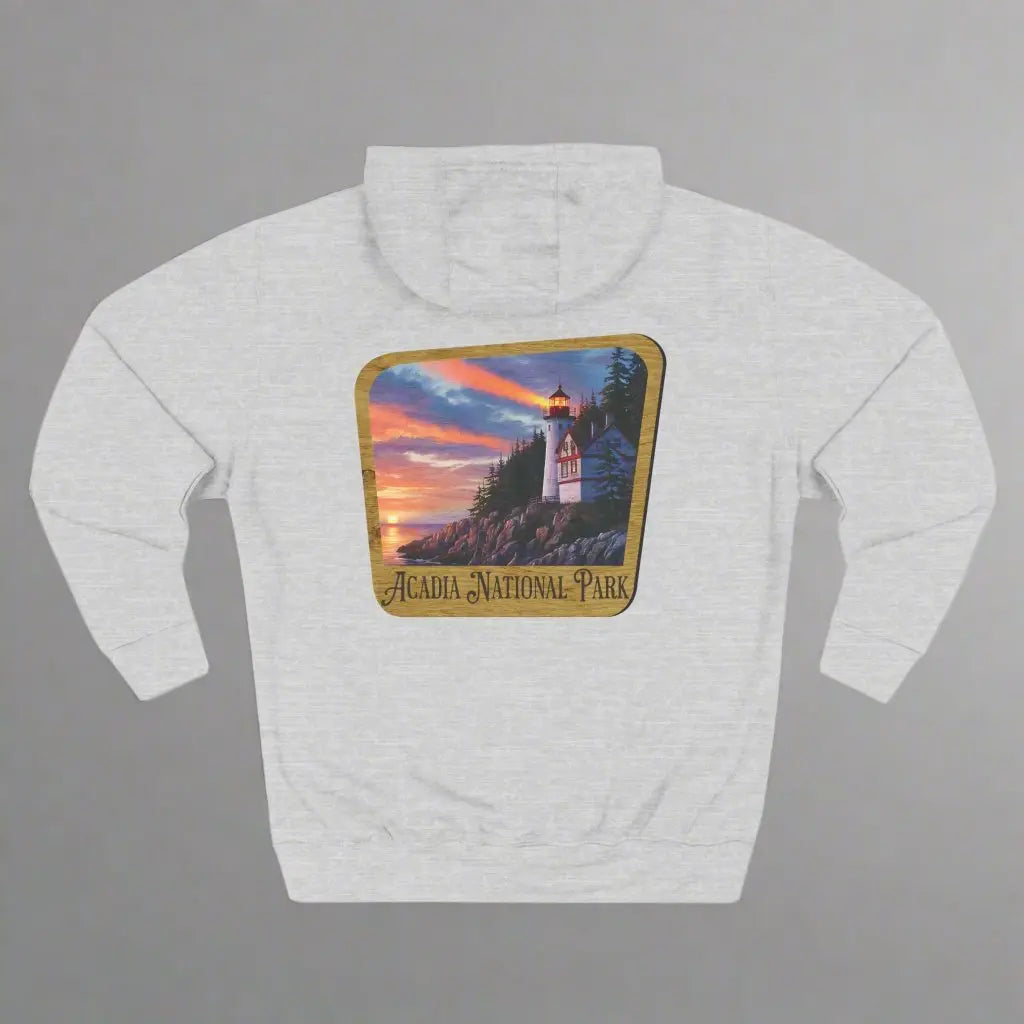 Acadia National Park Fleece Hoodie Scenic Coastal Graphic Wooden Mountain Sign