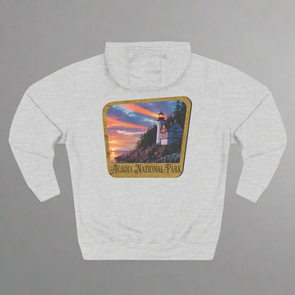 Acadia National Park Fleece Hoodie Scenic Coastal Graphic Wooden Mountain Sign