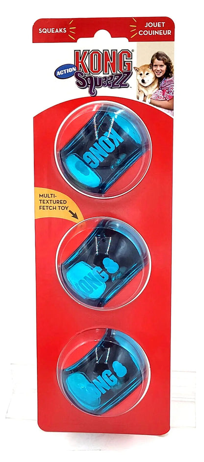 KONG Squeezz Action Ball MEDIUM Red 3 Pack Squeaky Dog Fetch Toy