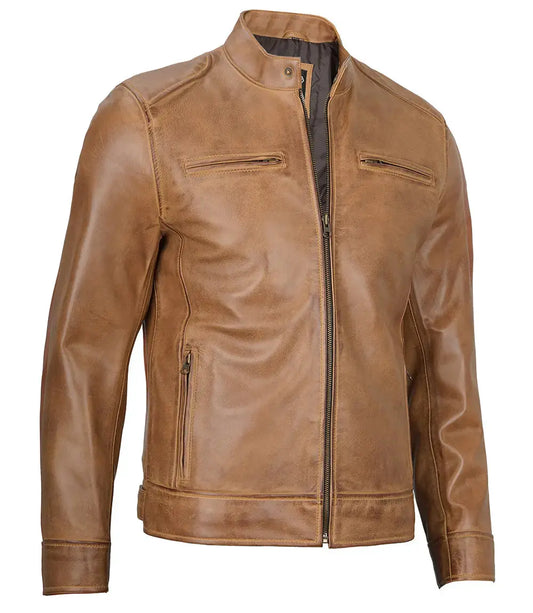 Dodge Men's Camel Leather Cafe Racer Jacket