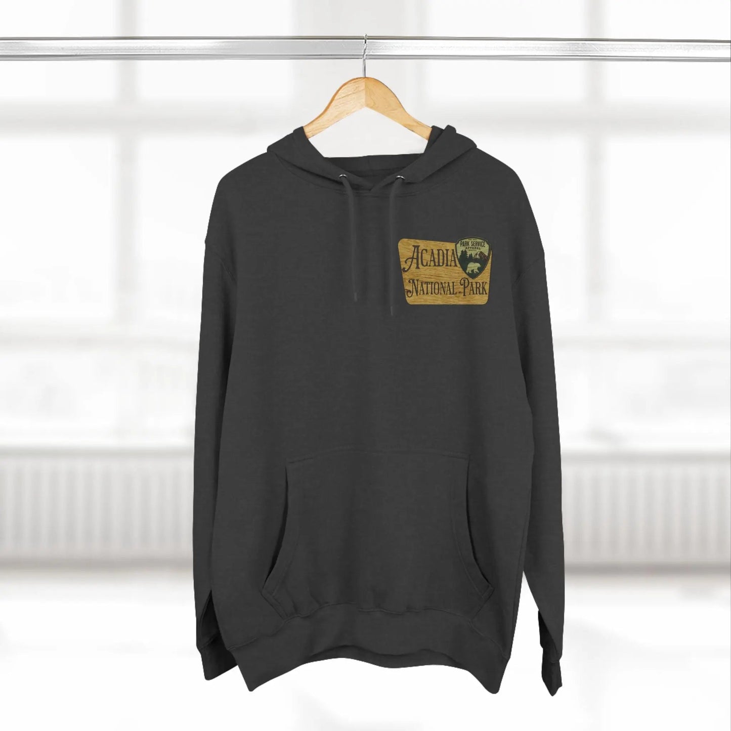 Acadia National Park Fleece Hoodie Scenic Coastal Graphic Wooden Mountain Sign