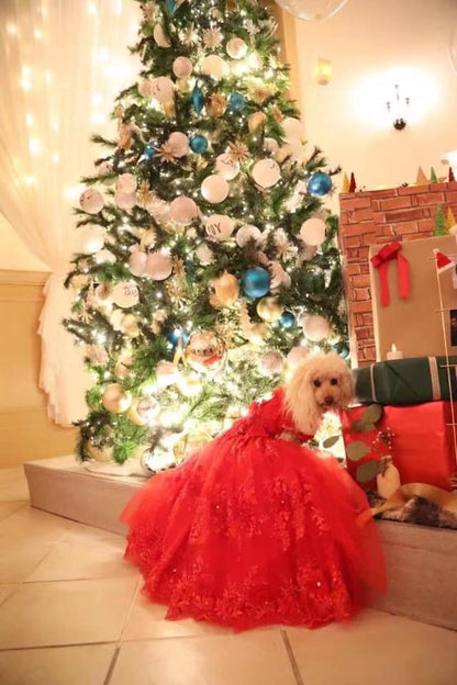 Handmade Ruby Rose Royal Dog Dress – Luxury Red Floral Wedding Gown with Crystal Train