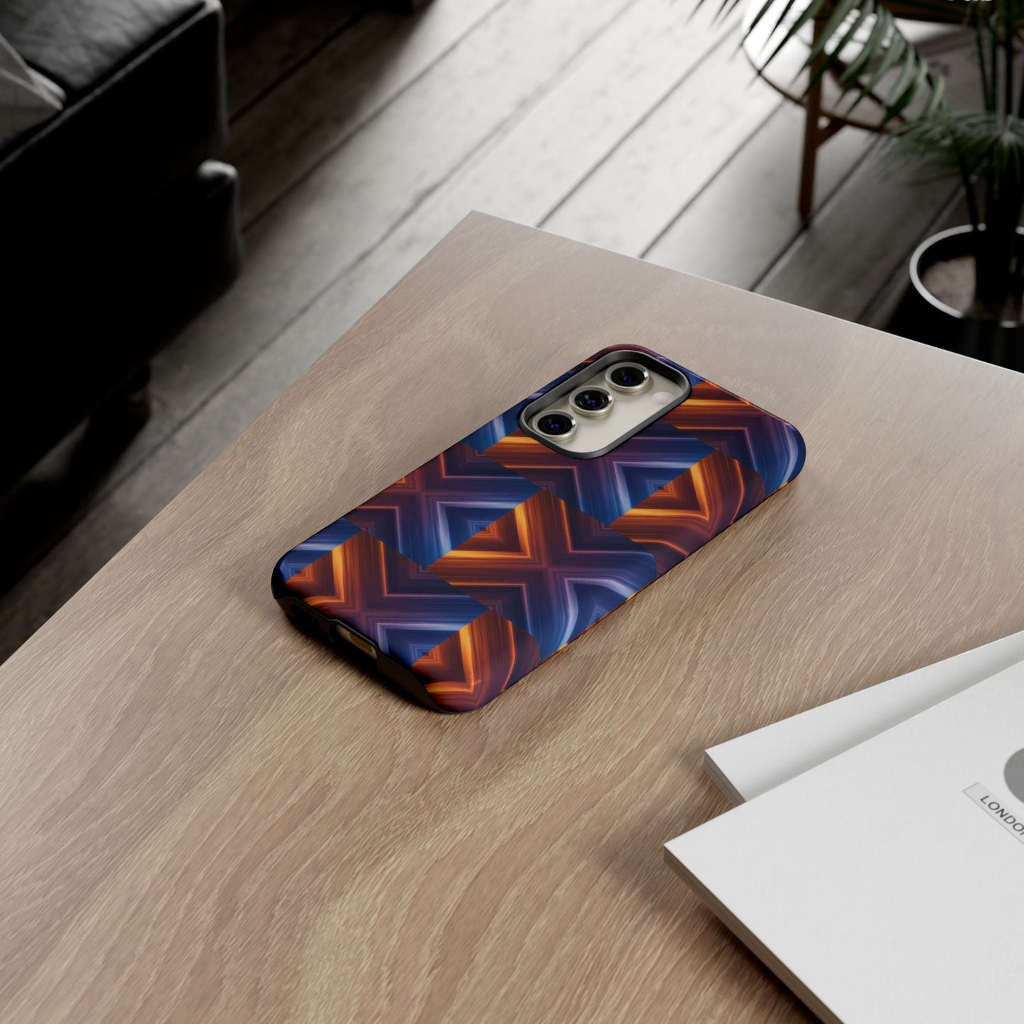 Stylish Tough Phone Case With Blue & Orange Abstract Design
