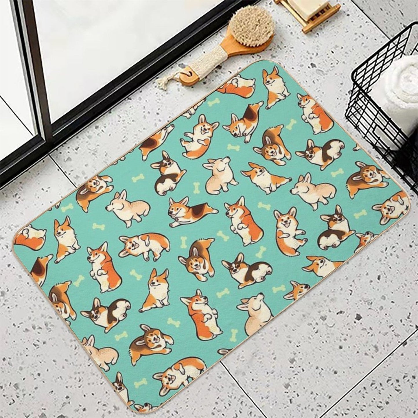 Jolly Corgis in Green Bath Mat