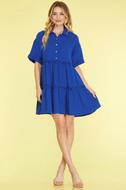 She Sky Full Size Button Front Frill Tiered Mini Dress Plus Size
