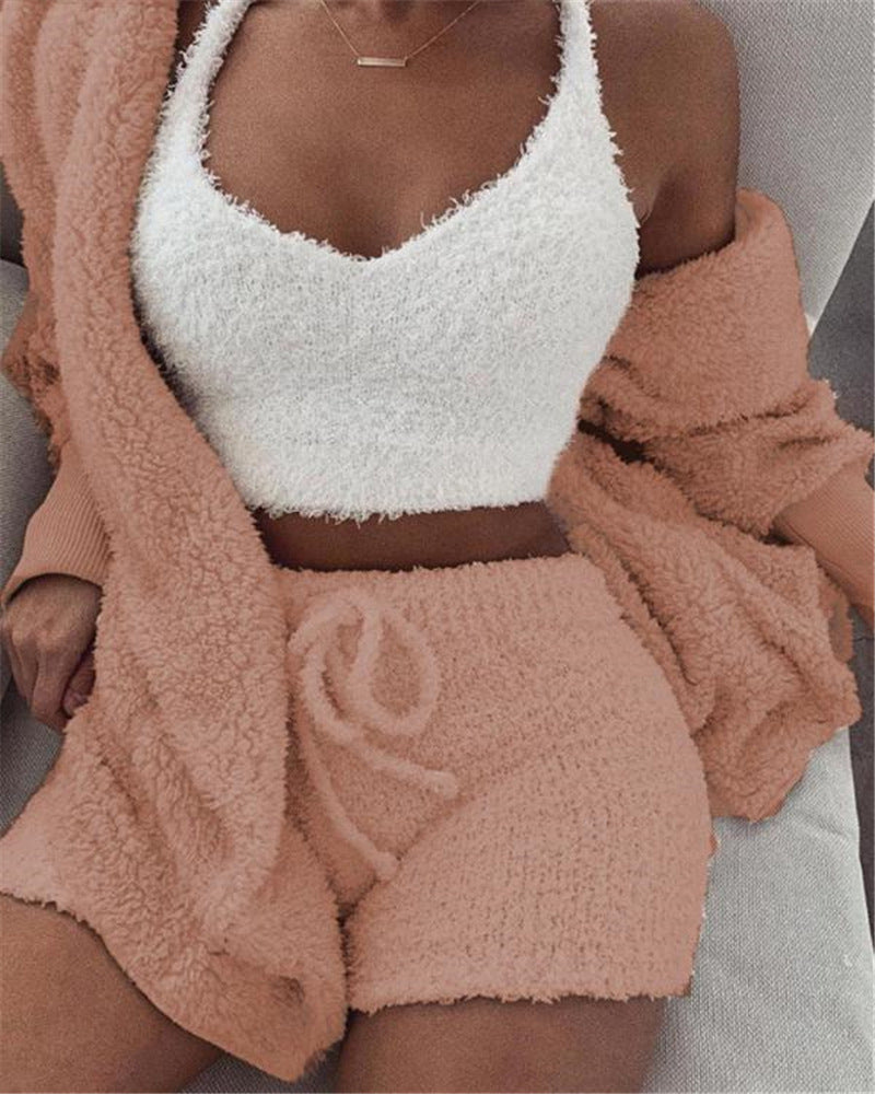 Ultra-Soft Velvet Pajama Set - 3-Piece Cropped Tank Shorts Cardigan