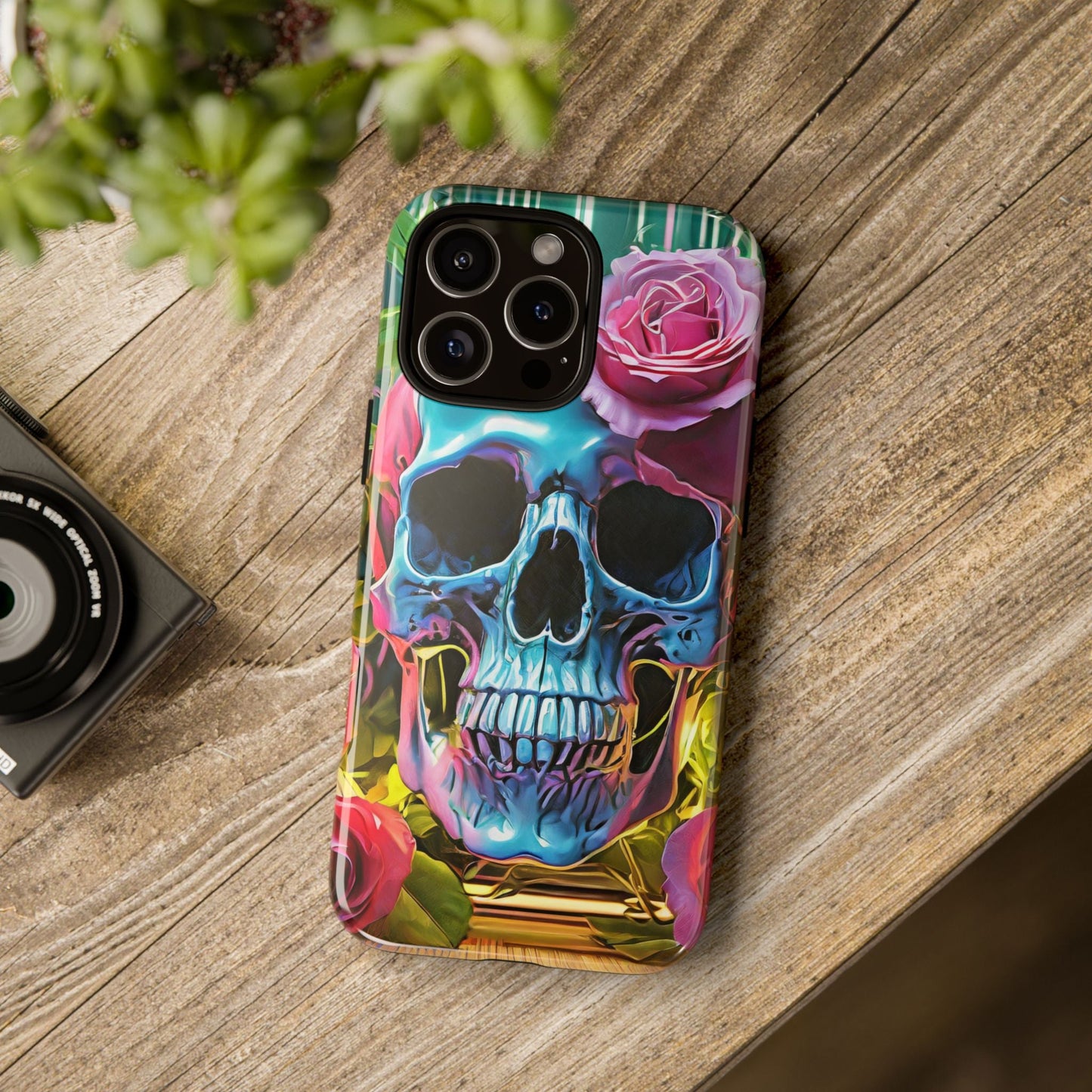 Neon Rose Skull Tough Phone Case