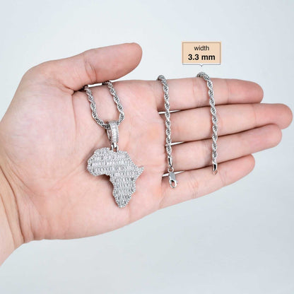 Mens Real 925 Sterling Silver Africa Iced CZ Pendant w 3.3mm Rope Chain Necklace