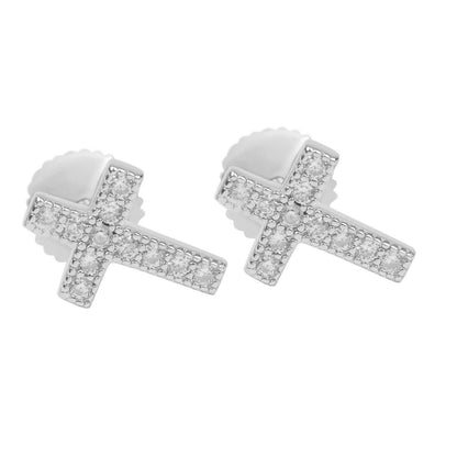 Mens Real Solid 925 Sterling Silver Ladies Cross Earrings Studs Iced CZ Hip Hop