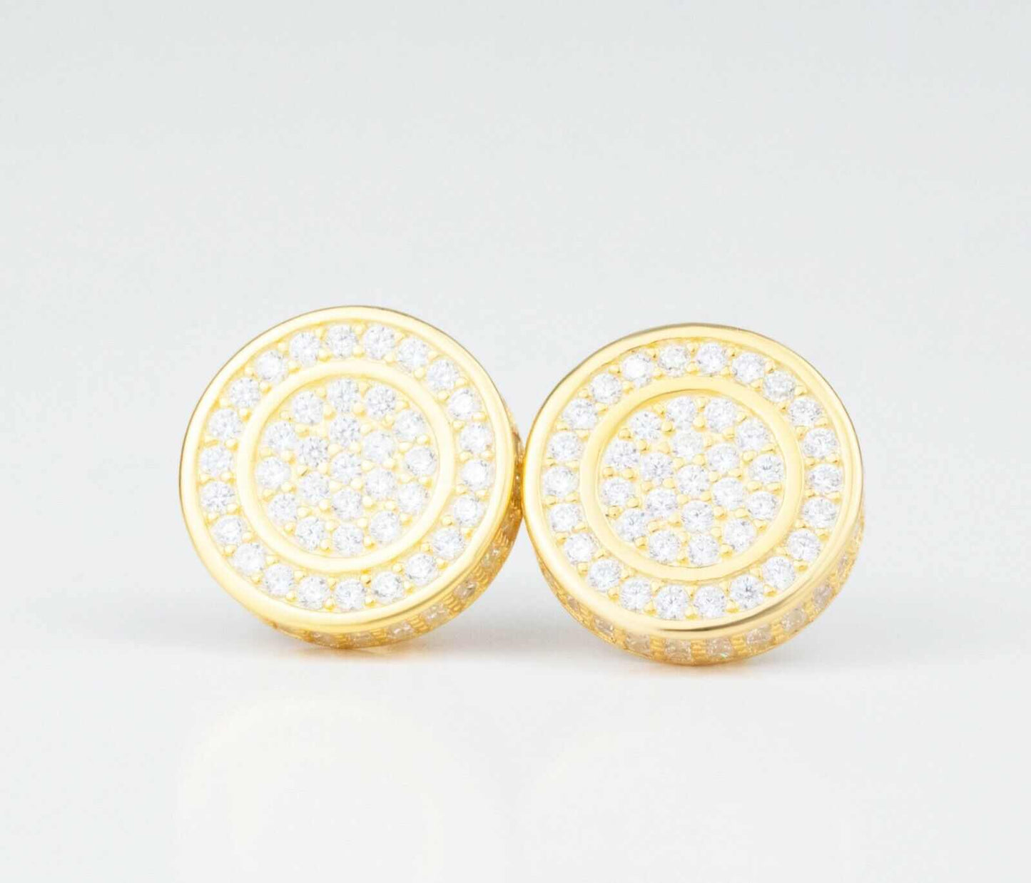 Real Solid 925 Silver Iced CZ Hip Hop Men's Earrings Big Studs 18k Gold Finish