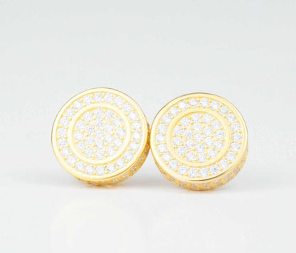 Real Solid 925 Silver Iced CZ Hip Hop Men's Earrings Big Studs 18k Gold Finish
