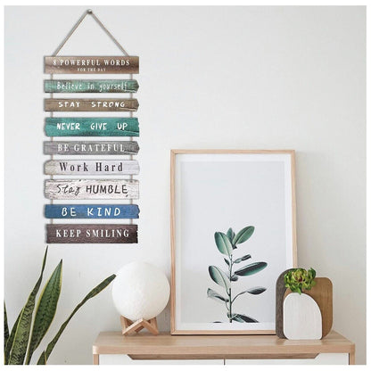 Inspirational Wall Hanging Art Wood String 24 x 12" Brown Green Blue Rustic New