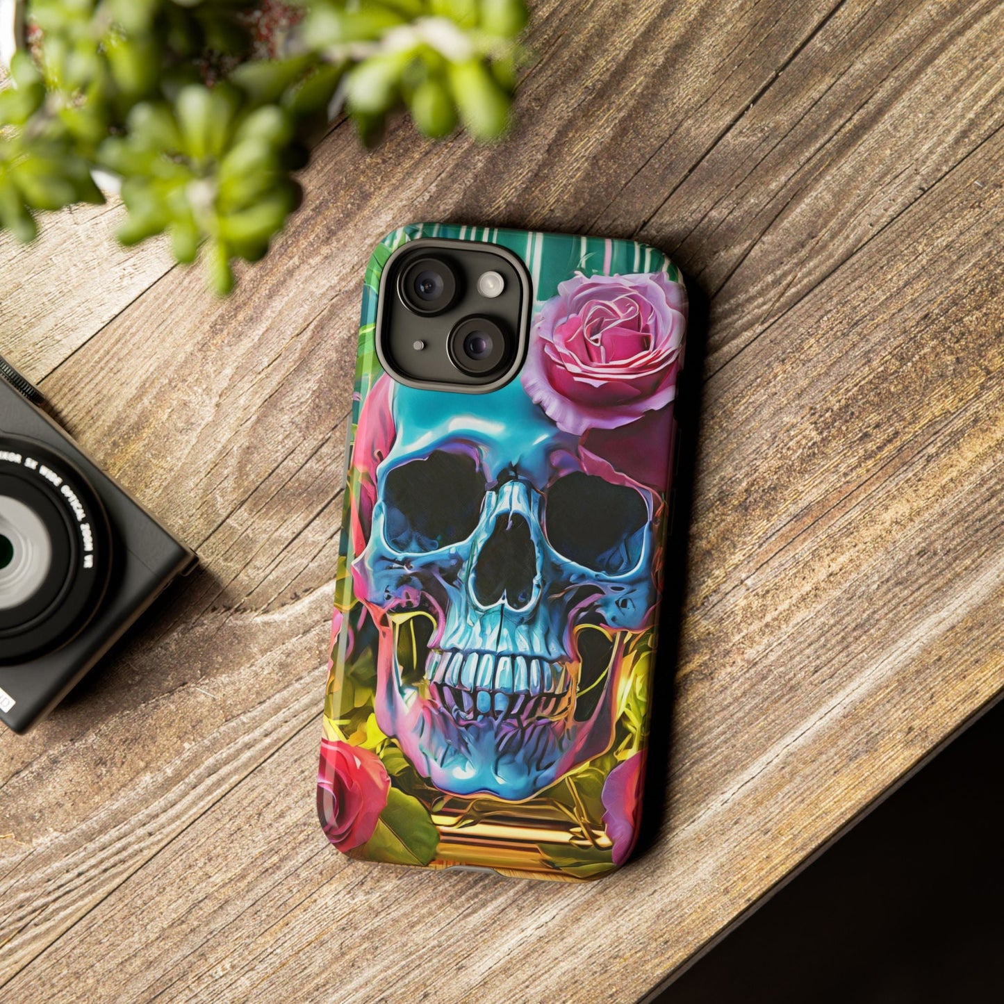Neon Rose Skull Tough Phone Case