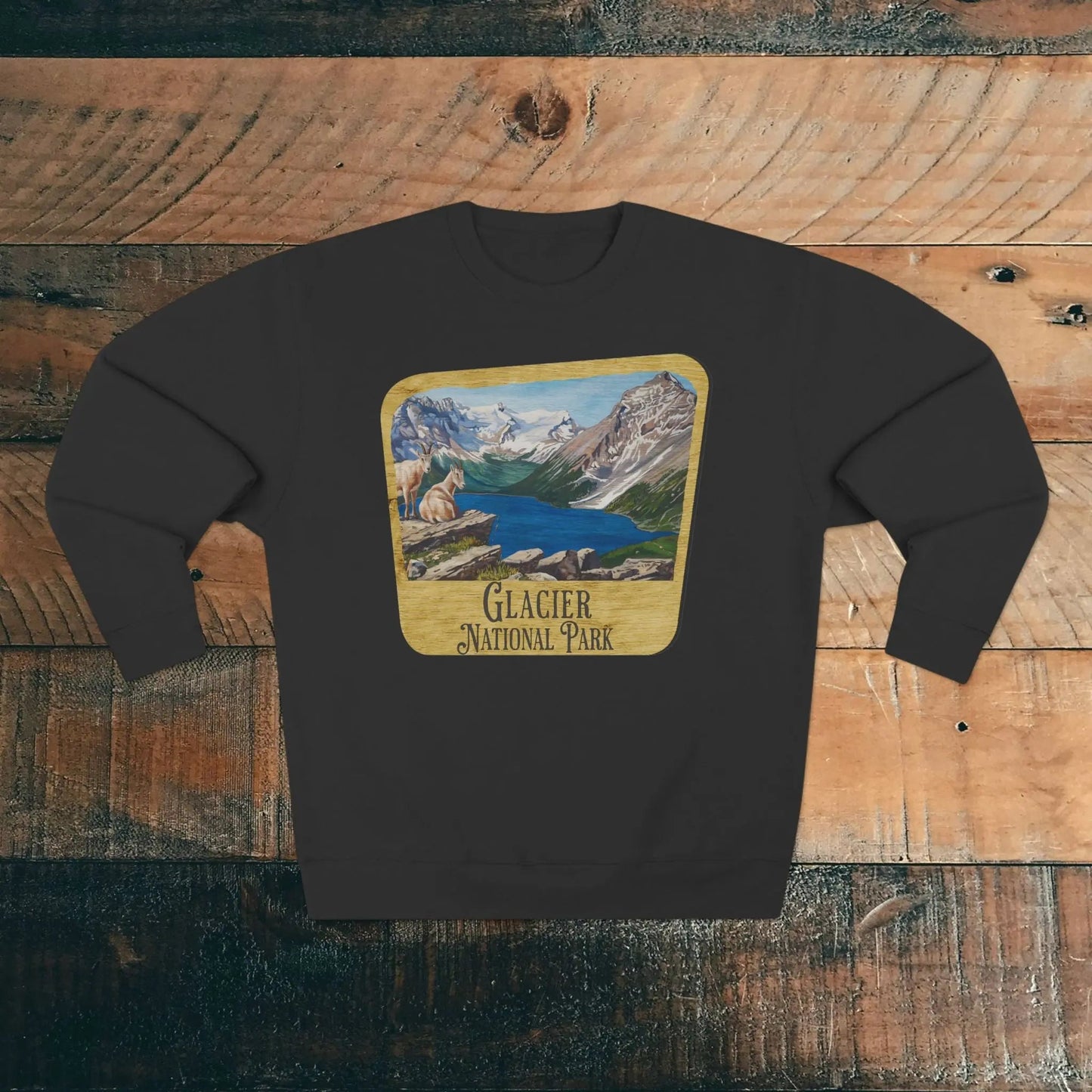 Glacier National Park Unisex Fit Crewneck Sweatshirt Wood Sign Lake View